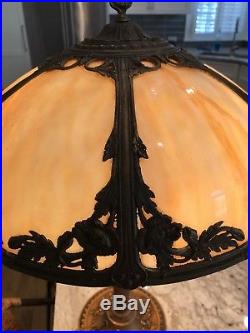 Heavy Metal Antique Art Nouveau Slag Leaded Glass Lamp Floral & Fruit Design