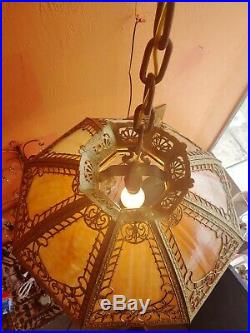 Huge Antique Ornate Hanging Leaded Slag Glass Lamp Shade 23 8 Banded Panels