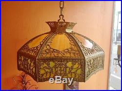 Huge Antique Ornate Hanging Leaded Slag Glass Lamp Shade 23 8 Banded Panels