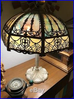Huge Antique Vintage Slag Glass Arts & Crafts Lamp MultiColored Empire Or Miller