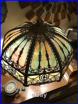 Huge Antique Vintage Slag Glass Arts & Crafts Lamp Multi Colored Confetti Glass