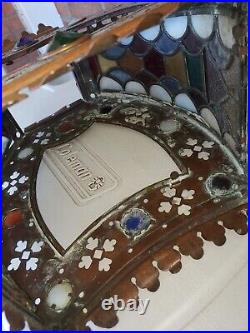 Jeweled Bradley Hubbard Shade Art Nouveau Gothic Slag Glass Lamp, Handel B&H