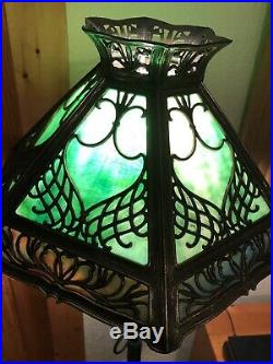 LAMP SHADE Slag Glass Green Multi Brass Filigree 6 Panels Heavy Vintage