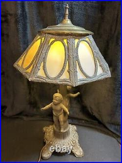 LAMP Table Antique 8 Panel Blue SLAG Glass Male & Female Cherubs Ornate 19 1/2T LAMP Table Antique 8 Panel Blue SLAG Glass Male & Female Cherubs Ornate 19 1/2T