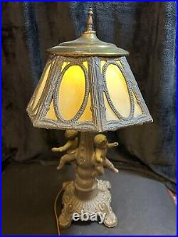 LAMP Table Antique 8 Panel Blue SLAG Glass Male & Female Cherubs Ornate 19 1/2T LAMP Table Antique 8 Panel Blue SLAG Glass Male & Female Cherubs Ornate 19 1/2T