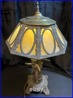 LAMP Table Antique 8 Panel Blue SLAG Glass Male & Female Cherubs Ornate 19 1/2T LAMP Table Antique 8 Panel Blue SLAG Glass Male & Female Cherubs Ornate 19 1/2T