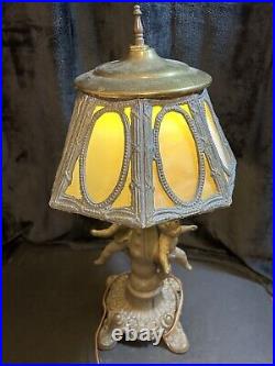 LAMP Table Antique 8 Panel Blue SLAG Glass Male & Female Cherubs Ornate 19 1/2T LAMP Table Antique 8 Panel Blue SLAG Glass Male & Female Cherubs Ornate 19 1/2T