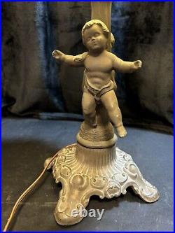 LAMP Table Antique 8 Panel Blue SLAG Glass Male & Female Cherubs Ornate 19 1/2T LAMP Table Antique 8 Panel Blue SLAG Glass Male & Female Cherubs Ornate 19 1/2T
