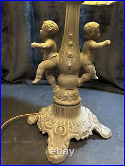LAMP Table Antique 8 Panel Blue SLAG Glass Male & Female Cherubs Ornate 19 1/2T LAMP Table Antique 8 Panel Blue SLAG Glass Male & Female Cherubs Ornate 19 1/2T