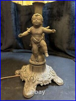 LAMP Table Antique 8 Panel Blue SLAG Glass Male & Female Cherubs Ornate 19 1/2T LAMP Table Antique 8 Panel Blue SLAG Glass Male & Female Cherubs Ornate 19 1/2T
