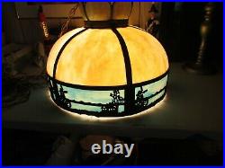 LARGE ANTIQUE 24 WINDMILL PANELS LEADED SLAG GLASS Electric HANGING LAMP WORKS
