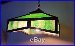 Large Mission Style Arts & Crafts Green Slag Glass Panel Hanging Lamp Must See