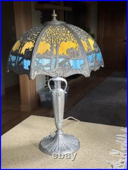LARGE Size Scenic 12 Panel Slag Blue Glass Antique Table Lamp