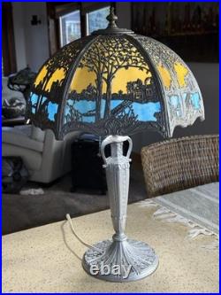 LARGE Size Scenic 12 Panel Slag Blue Glass Antique Table Lamp