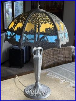 LARGE Size Scenic 12 Panel Slag Blue Glass Antique Table Lamp
