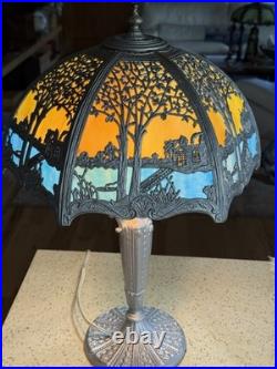 LARGE Size Scenic 12 Panel Slag Blue Glass Antique Table Lamp
