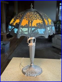 LARGE Size Scenic 12 Panel Slag Blue Glass Antique Table Lamp