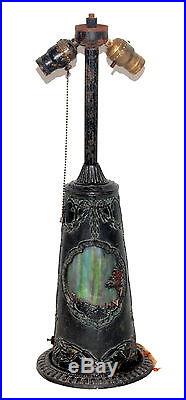 LIGHT UP SLAG GLASS LAMP BASE FOR SHADE With ORIENTAL MOTIF