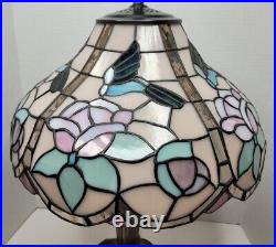 LOVELY Vtg SIGNED Tiffany Table Lamp Stained-Glass Hummingbird Cabbage Rose Slag