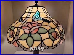 LOVELY Vtg SIGNED Tiffany Table Lamp Stained-Glass Hummingbird Cabbage Rose Slag
