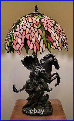 Lamp Horseman with Nude Damsel Tiffany Style Slag Glass Shade 50% Ship Rebate