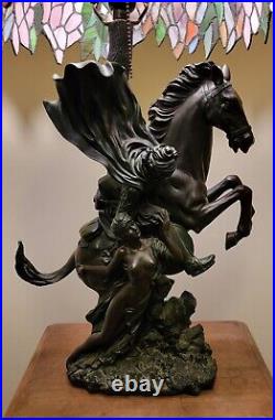 Lamp Horseman with Nude Damsel Tiffany Style Slag Glass Shade 50% Ship Rebate