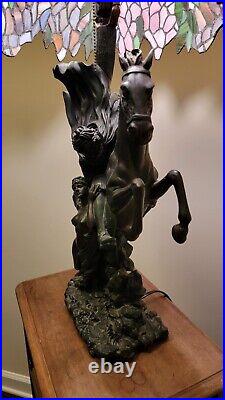 Lamp Horseman with Nude Damsel Tiffany Style Slag Glass Shade 50% Ship Rebate