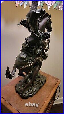 Lamp Horseman with Nude Damsel Tiffany Style Slag Glass Shade 50% Ship Rebate
