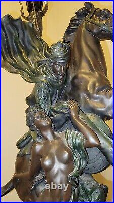 Lamp Horseman with Nude Damsel Tiffany Style Slag Glass Shade 50% Ship Rebate