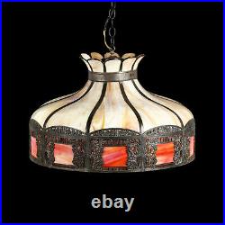 Lamp, Slag Glass Hanging Light, Antique, Cream, Red, C. 1900s, Gorgeous