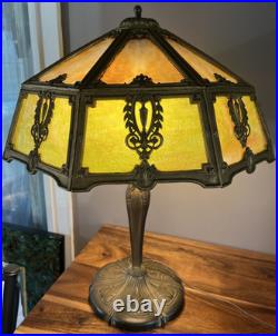 Large Antique 16 Panel Amber & Green Slag Glass Lamp 25 Tall 20 Wide