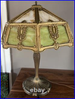 Large Antique 16 Panel Amber & Green Slag Glass Lamp 25 Tall 20 Wide