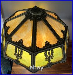 Large Antique 16 Panel Amber & Green Slag Glass Lamp 25 Tall 20 Wide