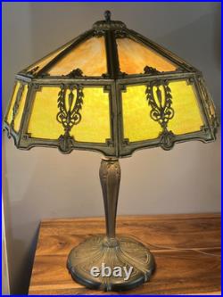 Large Antique 16 Panel Amber & Green Slag Glass Lamp 25 Tall 20 Wide