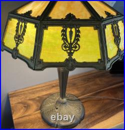 Large Antique 16 Panel Amber & Green Slag Glass Lamp 25 Tall 20 Wide