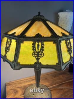 Large Antique 16 Panel Amber & Green Slag Glass Lamp 25 Tall 20 Wide