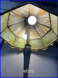 Large Antique 16 Panel Amber & Green Slag Glass Lamp 25 Tall 20 Wide