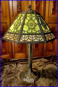 Large Antique 16 Panel Slag Glass Ornate Filigree Table Lamp