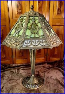 Large Antique 16 Panel Slag Glass Ornate Filigree Table Lamp