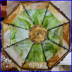 Large Antique 16 Panel Slag Glass Ornate Filigree Table Lamp