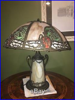 Large Antique ART NOUVEAU ATTR MILLER Slag Glass Lamp Lit Base c. 1910 stained