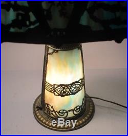 Large Antique ART NOUVEAU MILLER Slag Glass Lamp with Lit Base c. 1910 stained