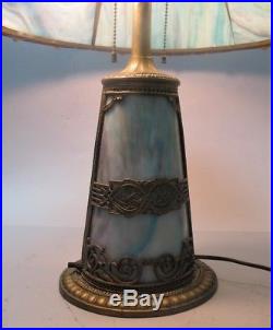 Large Antique ART NOUVEAU MILLER Slag Glass Lamp with Lit Base c. 1910 stained