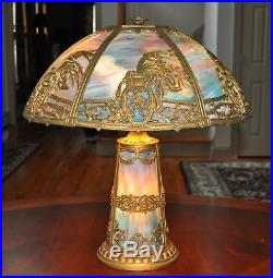 Large Antique Art Nouveau Blue Slag Glass Lighthouse Lamp