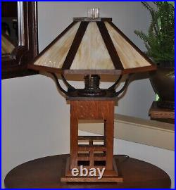 Large Antique Arts & Crafts Oak Slag Glass Lamp Limbert Style Converted Oil Lamp