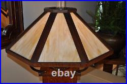 Large Antique Arts & Crafts Oak Slag Glass Lamp Limbert Style Converted Oil Lamp