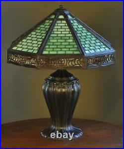 Large Antique Arts and Crafts Slag Glass Lamp with over-lay Miller Handel