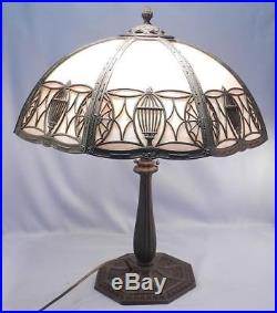Large Antique C1920 Bradley & Hubbard Table Lamp8 Panel Bent Slag Glass Shade
