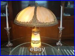 Large Antique Empire Slag Glass Lamp Shade & Lighted Lit Base VG Condition