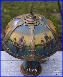 Large Antique Ornate Empire Reverse Painted Table Lamp Lighted Slag Glass Base